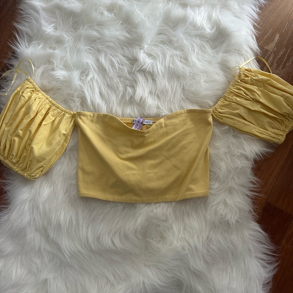 Zara Yellow Off-Shoulder Crop Top with Cuffed Sleeves